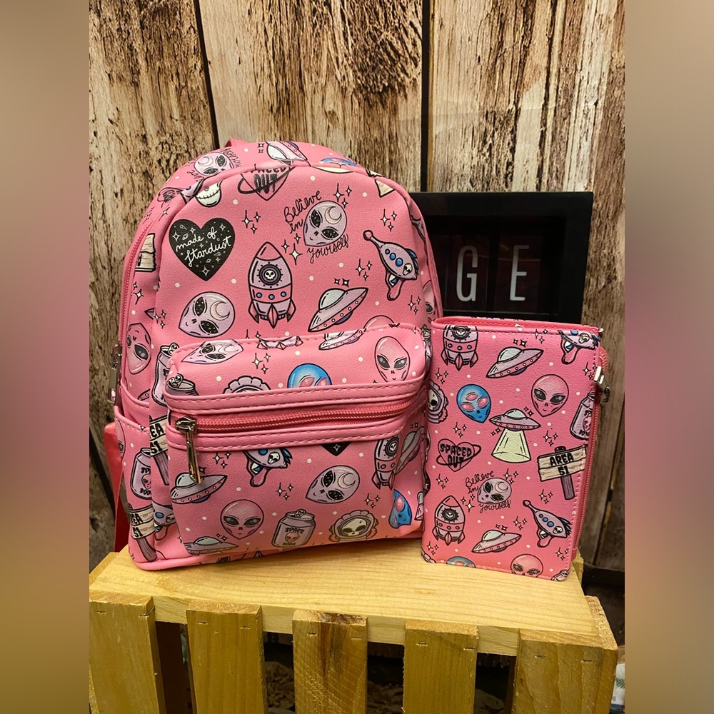 Pink Alien Mini Backpack & Wallet Set